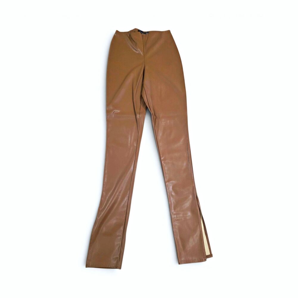 PrettyLittleThing Faux Leather Split Hem Leggings Camel Tan Size 6